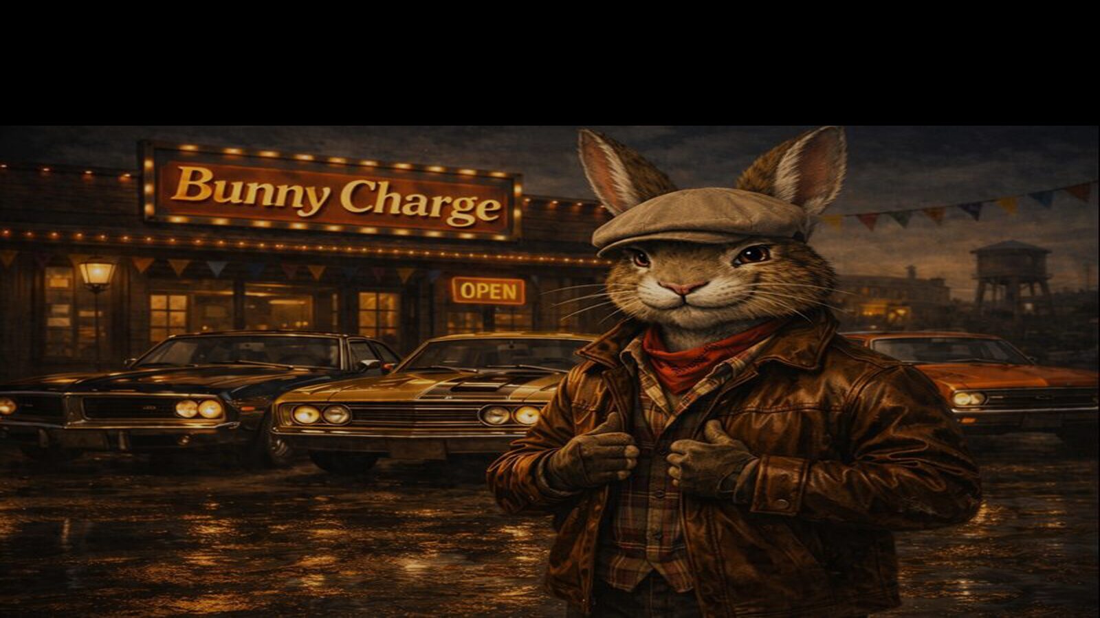 整備士風のウサギがクラシックバイクと並ぶ、BunnyChargeの看板前のイラスト